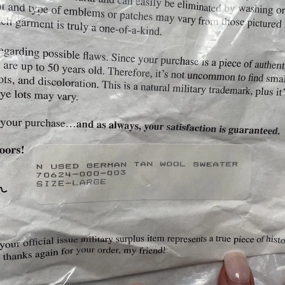 Military Grade, Tan Wool Sweater, New In Bag - Size L - Picture 5 of 5